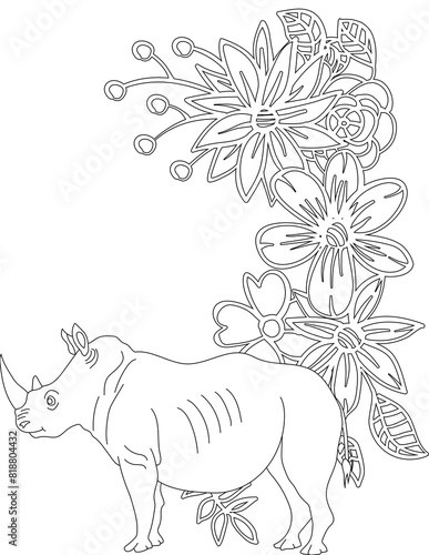 Rhino and A Floral Vine Coloring Page. Printable Coloring Worksheet for Adults and Kids. Educational Resources for School and Preschool.