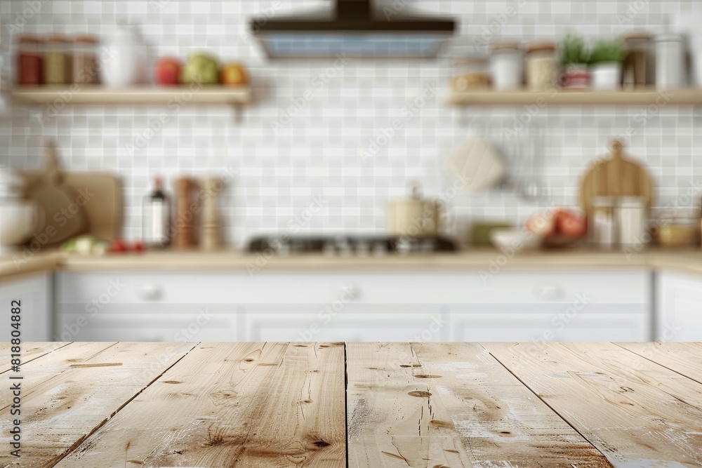 Modern kitchen interior with white tiles and wooden tabletop Modern kitchen interior with white tiles and wooden tabletop