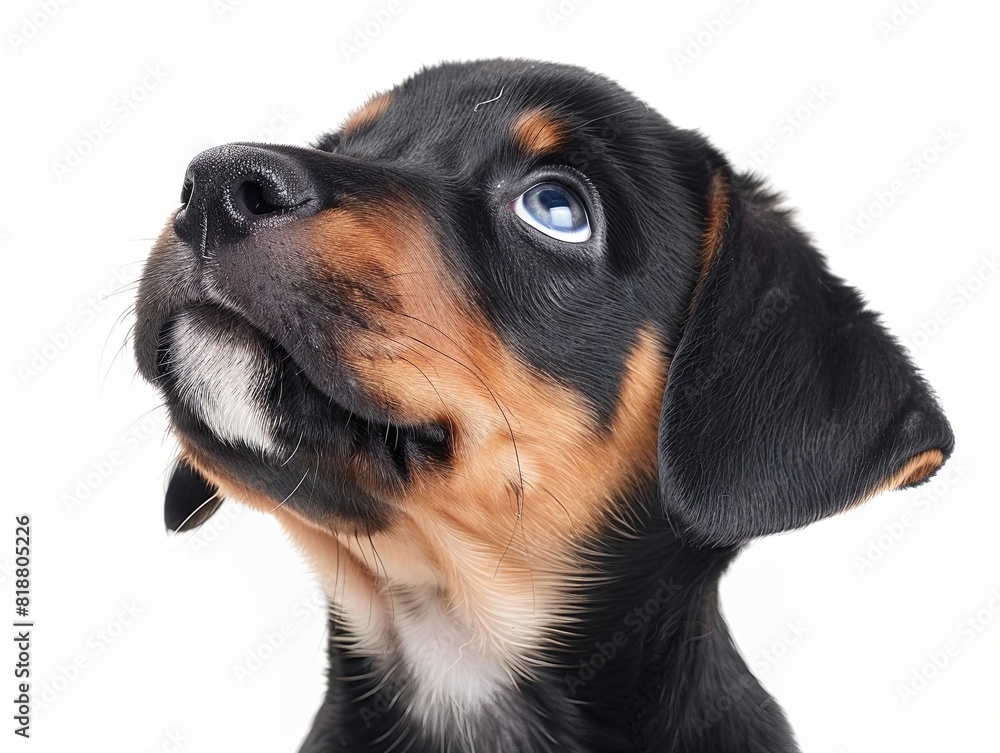 Adorable black and tan puppy with curious gaze on white