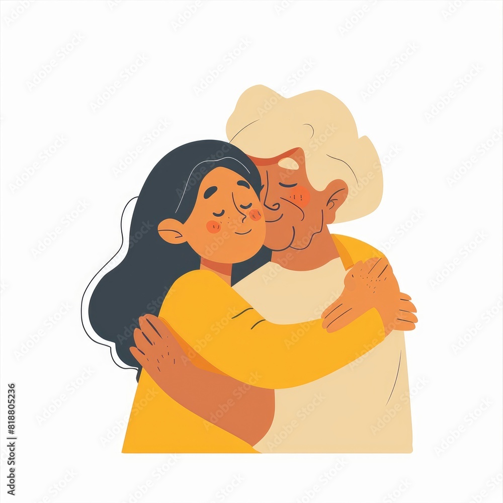 Minimalist UI illustration of granmother hugging her granson girl in a flat illustration style on a white background,generative ai Minimalist UI illustration of granmother hugging her granson girl in a flat illustration style on a white background,generative ai