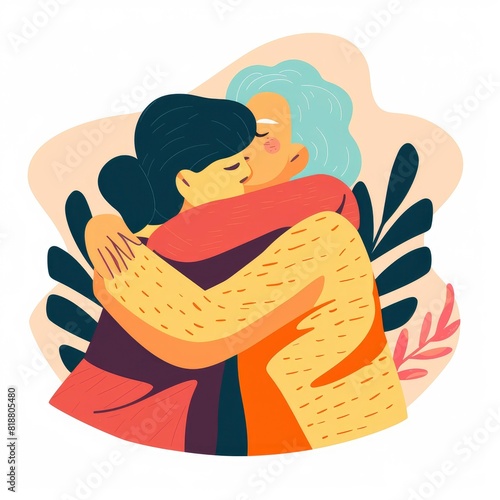 Minimalist UI illustration of granmother hugging her granson girl in a flat illustration style on a white background,generative ai photo