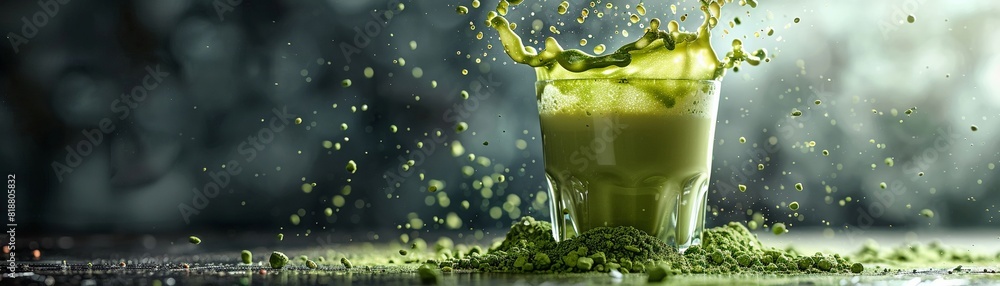 © KN Studio - Matcha powder falling into a glass of milk Zenlike green background with space for text on the left