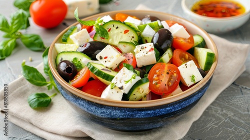Fresh Greek salad in a blue bowl with vibrant vegetables