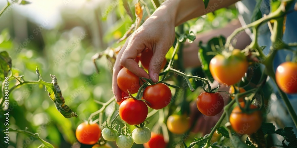 A woman picking fresh tomatoes from vegetable garden