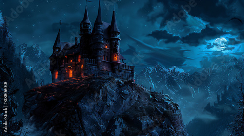 Dracula  haunted scary vampire  castle on a mountain during spooky misty dark night with full moon photo