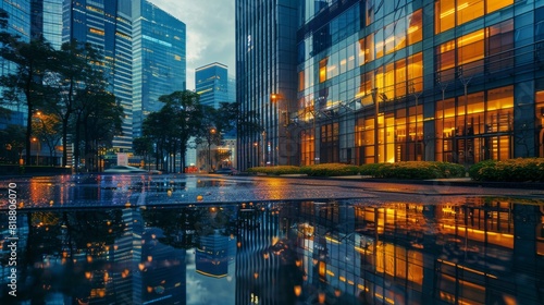 A city street after rainfall  showcasing the reflections of buildings and lights in the puddles  illuminated by evening lighting