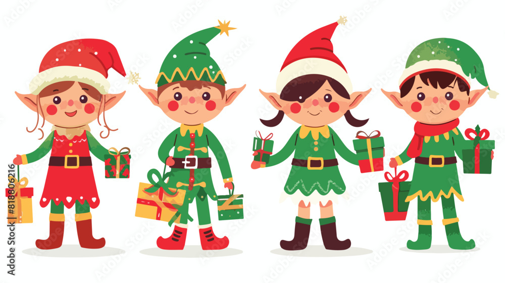 Four of Christmas elves isolated on white background.
