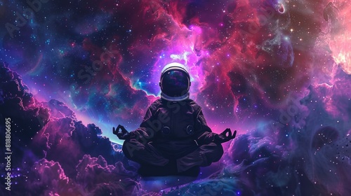 A yogi astronaut in the lotus position among multicolored nebulae in deep space. Mystical fantasy mood in meditation. photo