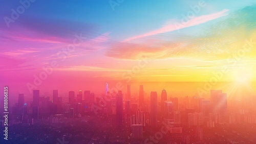 vibrant  colorful cityscape with a foggy skyline at dawn