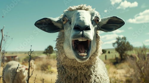 Close-up of a sheep with an exaggerated expression, wide eyes, and an open mouth as if it's shouting or surprised