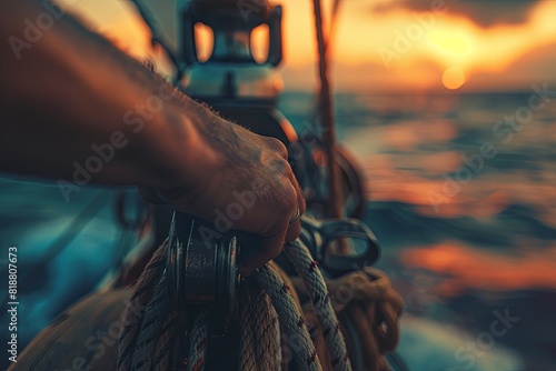 Sunset sailing adventure with closeup of hand on yacht rope photo