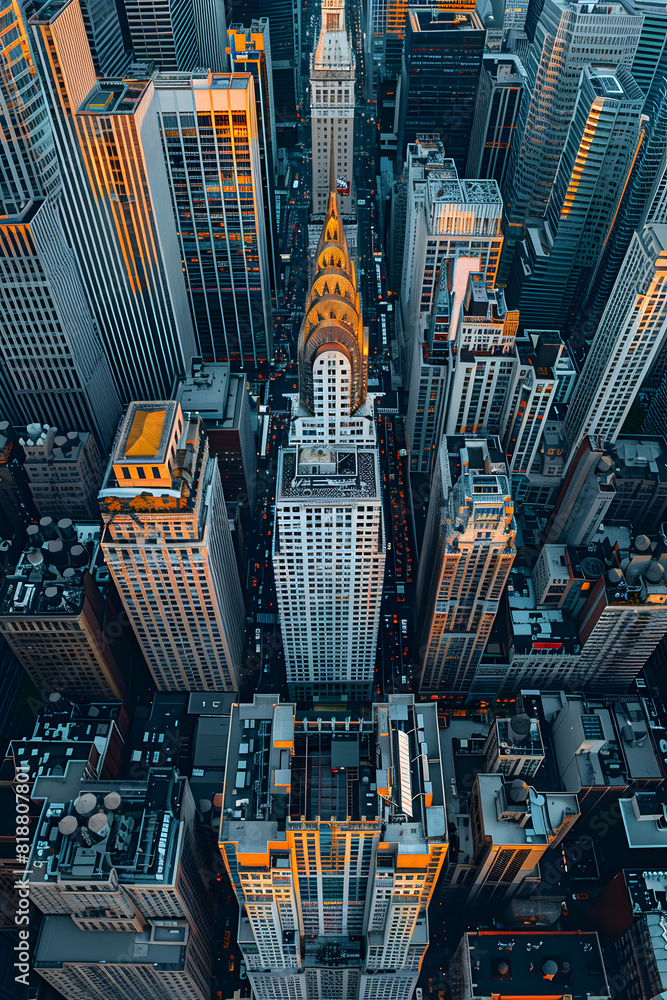 Fototapeta premium Aerial view of a city full of skyscrapers, business and economy concept, businesswoman and businessman office, working concept, meeting concept