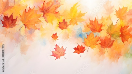 Watercolor autumn background with maple leaves. Generative AI.