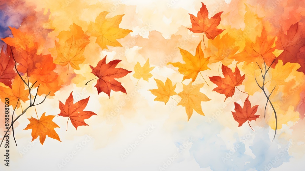 Watercolor autumn background with maple leaves. Generative AI. Watercolor autumn background with maple leaves. Generative AI.