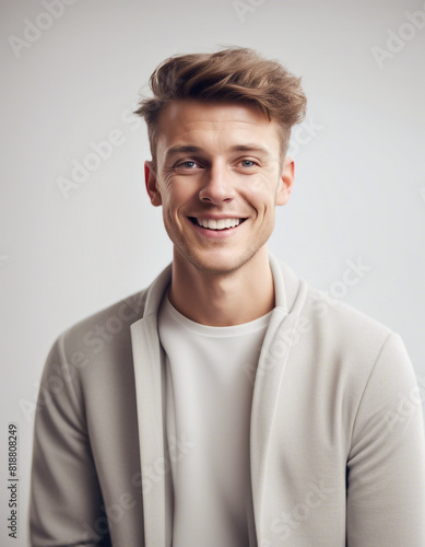 a young British man with a sincere smile, isolated white background  © abu