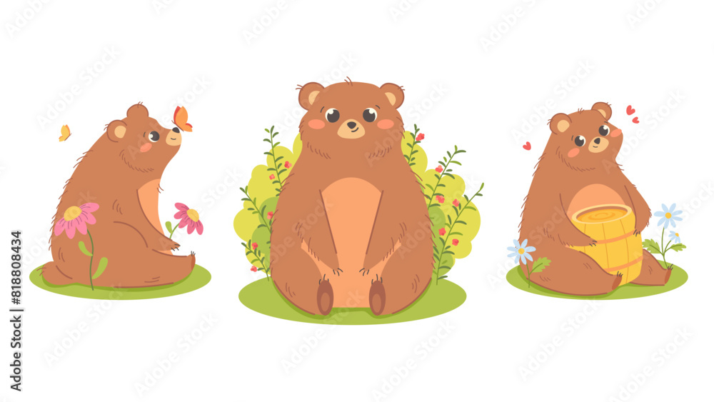 Set of cute cartoon bears for kids. Bear with barrel of honey, bear with butterfly on nose, sleeping bear, bear with raspberry bush. Vector illustration Set of cute cartoon bears for kids. Bear with barrel of honey, bear with butterfly on nose, sleeping bear, bear with raspberry bush. Vector illustration