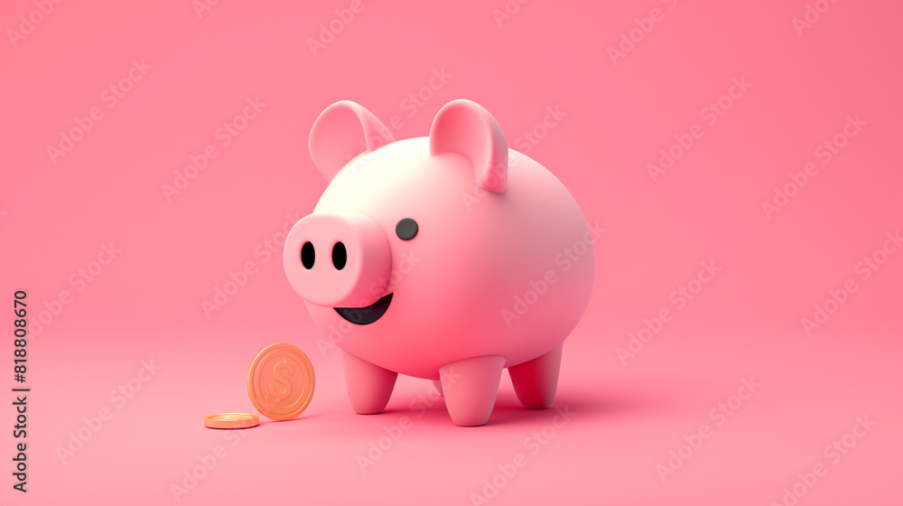 3d render pink piggy bank saving money coin with plastic cartoon minimal style. 3d render pink piggy bank saving money coin with plastic cartoon minimal style.