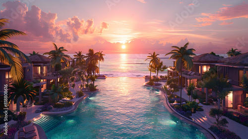 Sensual view of a luxury pool in a 5 star hotel with the sun rising in the center of the image, summer concept vacation concept holidays