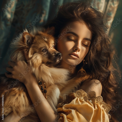 La modelo española sostiene con delicadeza un tierno cachorro de pomerania, su pelo esponjoso brilla bajo la luz, creando una imagen de dulzura y sofisticación. 