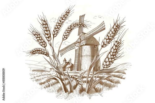 Rural landscape with windmill and village. Farm and wheat field with harvest. Autumn nature. Illustration in vintage engraving style for design banner, logo, poster, flyer © ratatosk