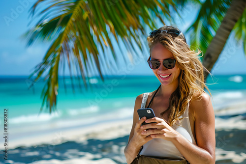 Happy female tourist on a tropical beach, using her mobile phone, in the background there is the sea and palm trees on the sand