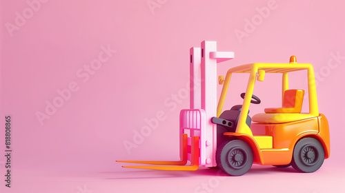 Toy cartoon forklift isolated on pastel light flat background with copy space. Pink, green, orange palette colors.