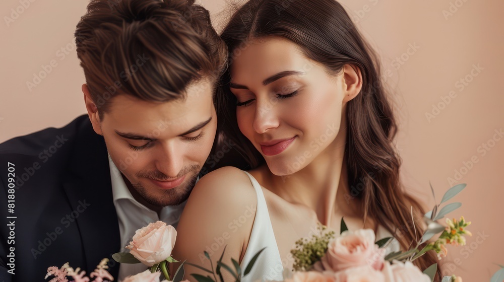 A romantic and stylish couple is embracing, the woman is holding a bouquet with a serene expression on a peach background A romantic and stylish couple is embracing, the woman is holding a bouquet with a serene expression on a peach background