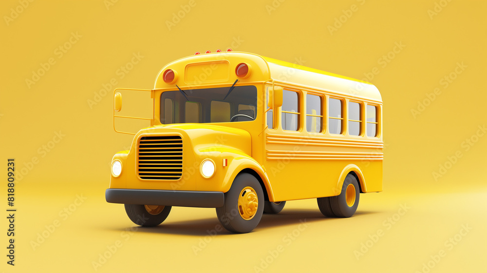 Cute minimalistic retro yellow school bus 3d render illustration. vehicle on isolated background.