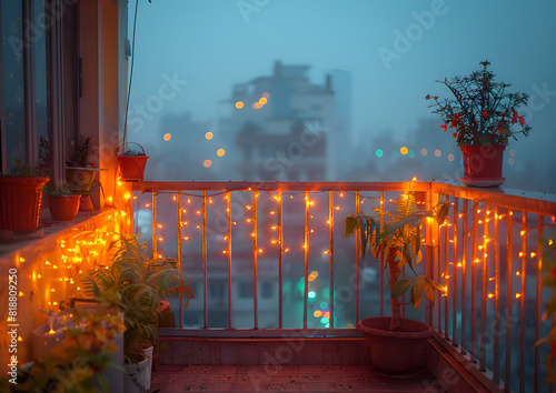 A balcony festooned with Diwali lights, creating a cozy and festive atmosphere photo