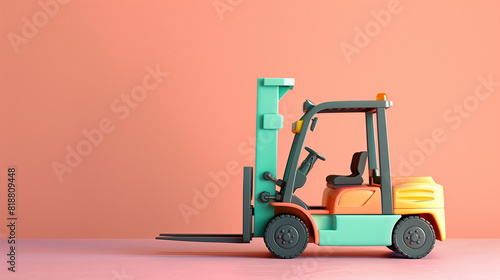 Toy cartoon forklift isolated on pastel light flat background with copy space. Pink, green, orange palette colors.