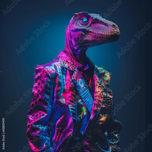 Fototapeta Naklejka Na Ścianę i Meble -  Vibrant dinosaur head wearing colorful cyberpunk outfit, gradient background