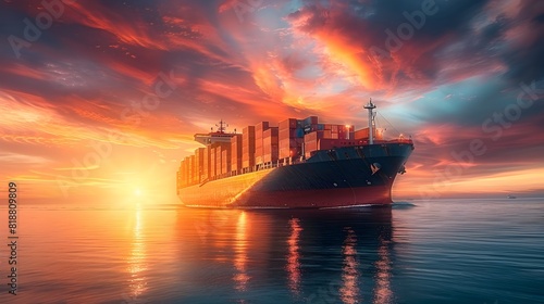 Colossal Cargo Ship Departing Busy Seaport at Dramatic Sunset Dusk