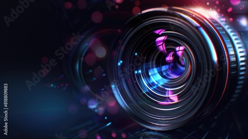Abstract futuristic camera lens on dark background, space for text