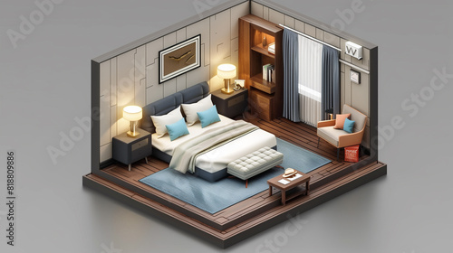 Isometric view of a master bedroom,residential area, 3d rendering.
