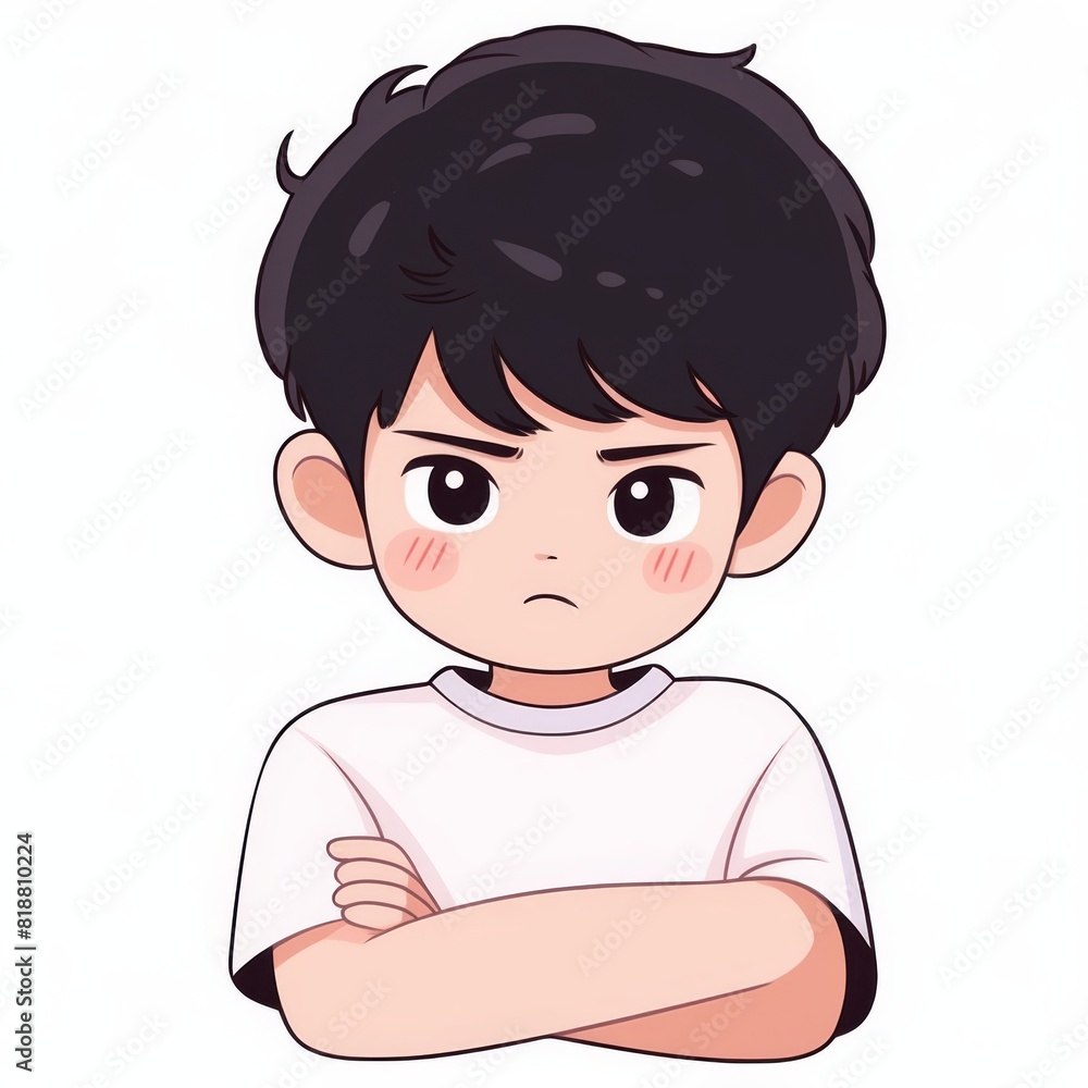 This image showcases an animated character, a young boy with dark hair wearing a white shirt, standing with his arms crossed His face is blurred This image showcases an animated character, a young boy with dark hair wearing a white shirt, standing with his arms crossed His face is blurred