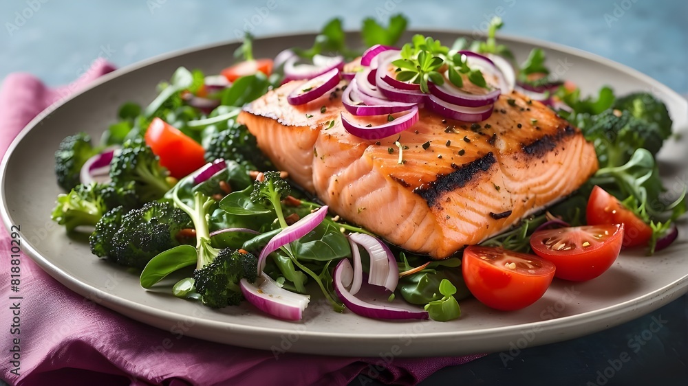 grilled salmon fillet and a crisp, leafy green salad with broccoli, tomatoes, and red onion grilled salmon fillet and a crisp, leafy green salad with broccoli, tomatoes, and red onion