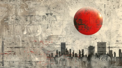 Abstract grunge background with big red ball and city on the wall.