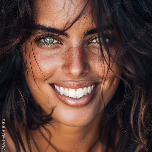 Modelo española con cabello oscuro y ojos penetrantes mostrando una sonrisa coqueta mientras recuesta sobre sábanas blancas .  photo