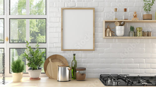 Mock up poster frame close-up in kitchen interior, American style, 3d render. photo