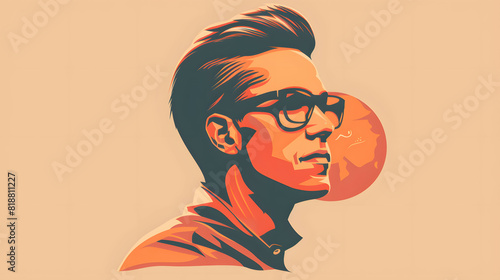 vector style of a man wearing glasses looking forward with the moon behind photo