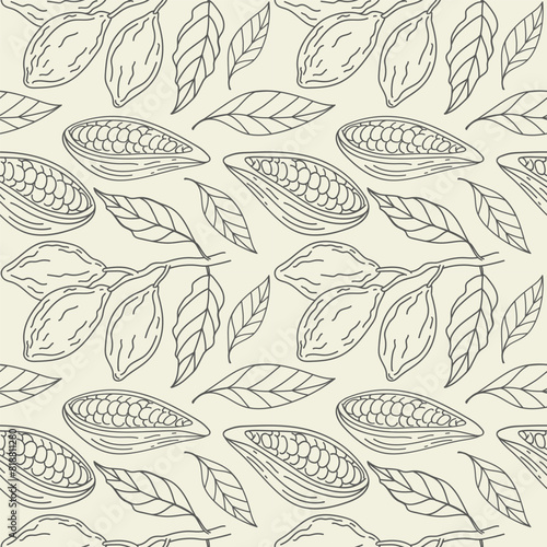 Cacao beans seamless pattern hand drawn vector illustration. Repeating background with cacao plant, flower, leaf, bean. Chocolate ingredient, sweet dessert, oil, aroma. Sketch for print, label, card