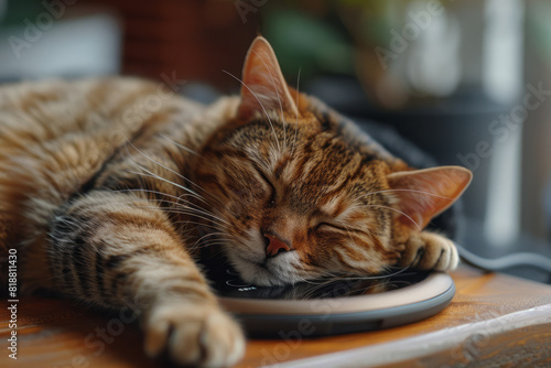 A cozy cat napping on a wireless charging pad, with its paw resting on a smartphone,