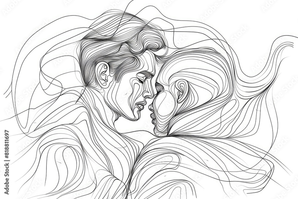 Abstract one line art drawing of a woman leaning on a man's chest, one line art smooth lines drawing Abstract one line art drawing of a woman leaning on a man's chest, one line art smooth lines drawing