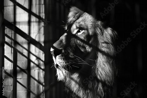 Illustration of a majestic lion whose shadow is cast through the bars of a cage, creating an abstract pattern of confinement, photo