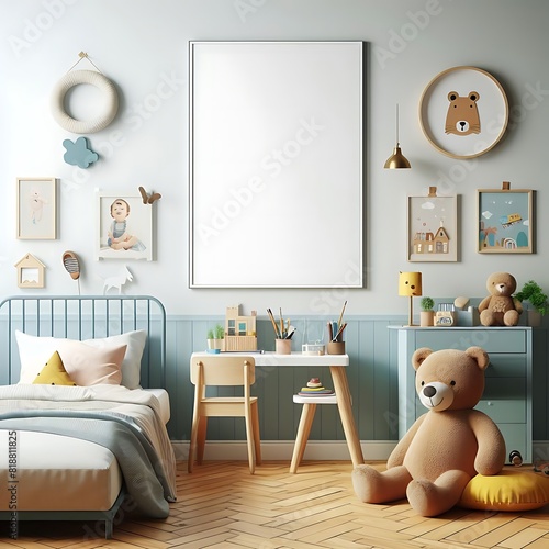 A Room with a mockup poster empty white and with a bed and a teddy bear art meaning has illustrative lively attractive.