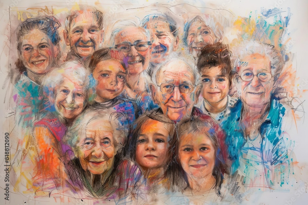 family multigenerational love joy celebration diversity togetherness bonding expressive pastel drawing people 