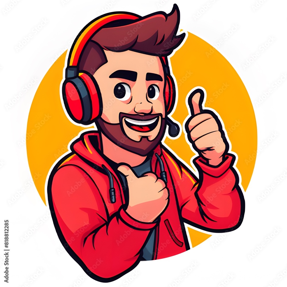 A logo with a man for channel design and more. Wearing headphones and showing thumbs up. With beard