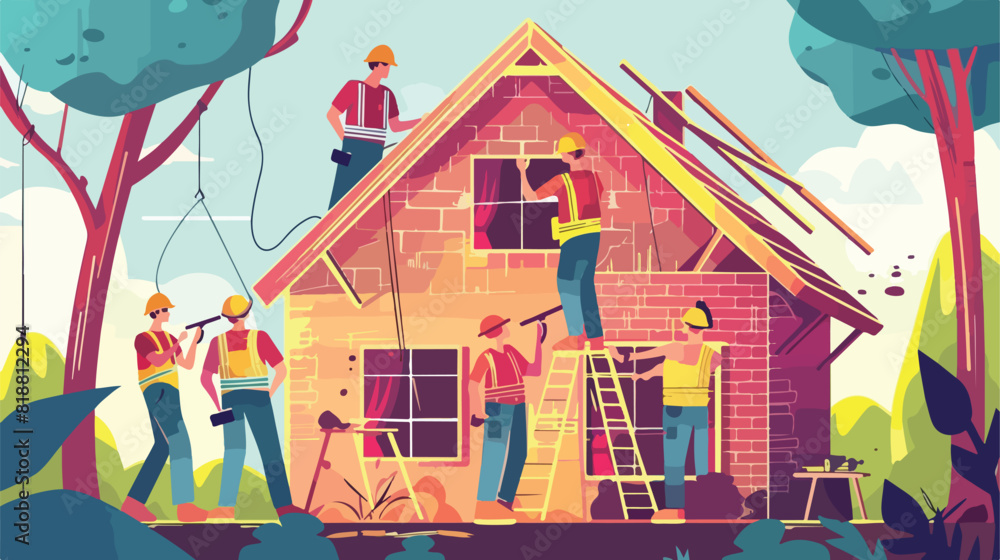 Four of male workers constructing cottage vector flat