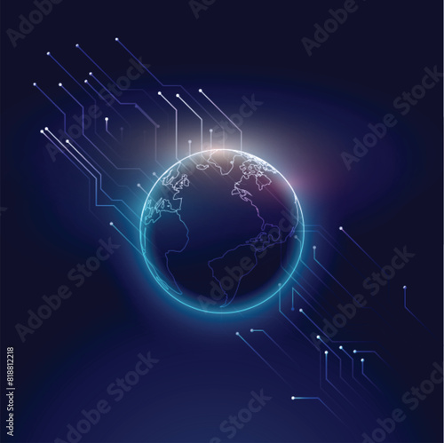 Global network planet Earth. Global network isometric illustration. A network of interconnected globe icons representing a global business network, with data flowing between them, symbolizing 