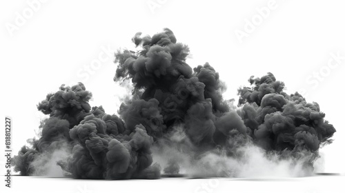Black realistic smoke and dust clouds isolated on a white background, depicting dirty polluted smog or fog, air pollution, and smoke from fire or explosion, vector illustration